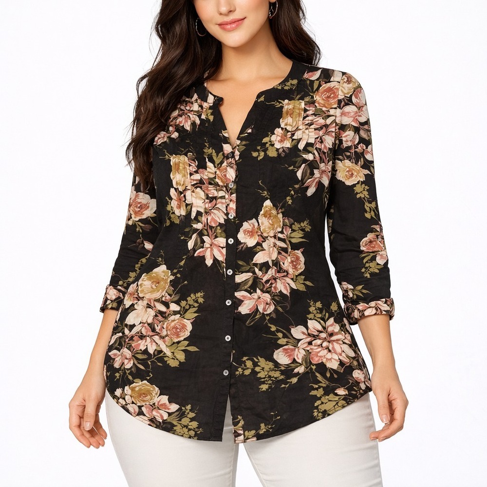 Roaman's Button-Down Blouse Women's Size 12W Black Floral Pattern Button Cuffs
